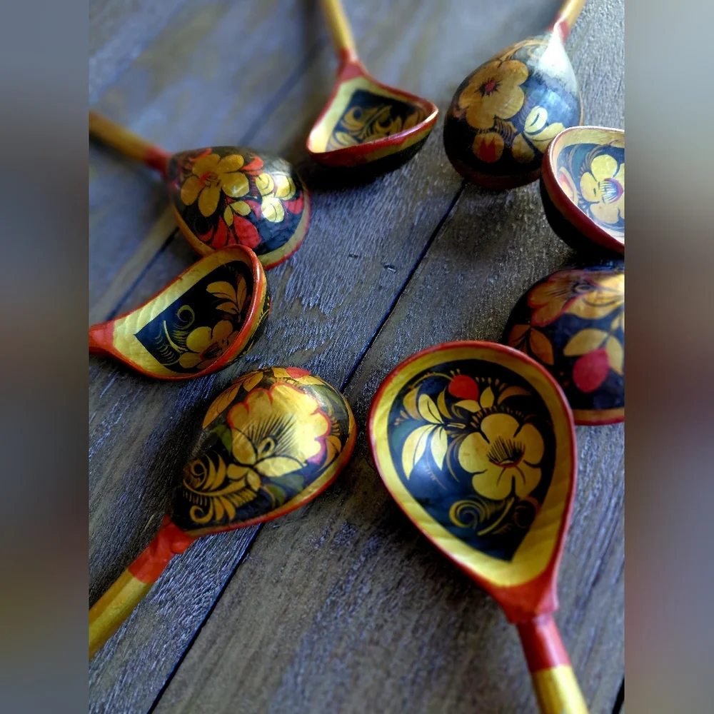 Handcrafted Floral Wooden Spoons (8) - 1950's Vintage In Gold and Black Colors